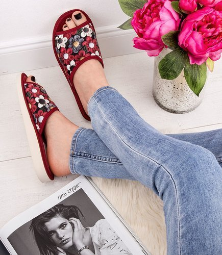 Kapcie damskie Natural Style NS-049 Bordowe-Kwiatuszki