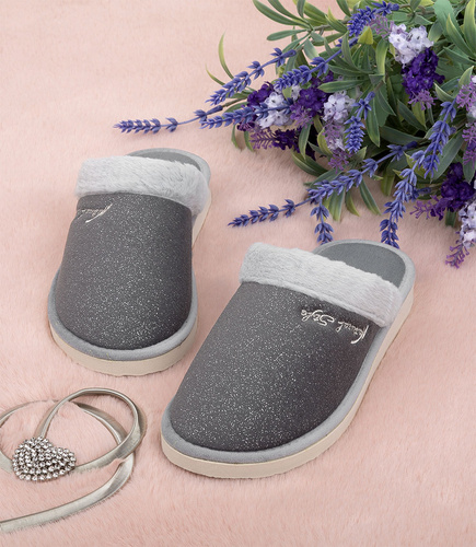 Kapcie damskie Natural Style NS-105 Szare Brokat Błyszczące