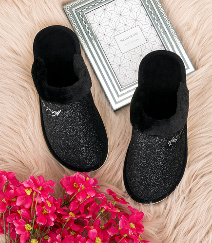 Kapcie damskie Natural Style NS-105 Czarne Brokat Błyszczące